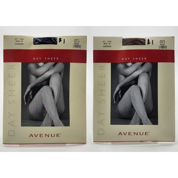 Lot of 2 NEW Avenue Day Sheer Flat Knit Pantyhose Sandalfoot Ivory/Navy Size D - Picture 1 of 9
